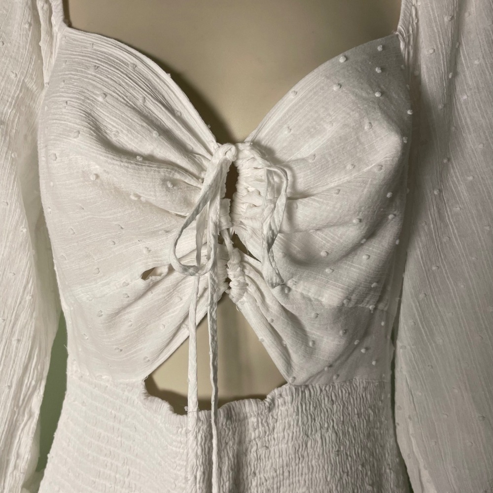 ASTR The Label Marietta Dress Size L White Swiss Dot Smocked Tiered Ruffle Mini - Picture 2 of 9